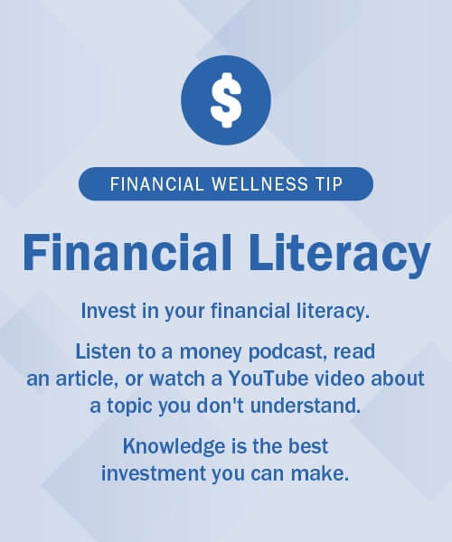 Financial literacy tip about listening to podcasts, youtube videos, or reading an article.