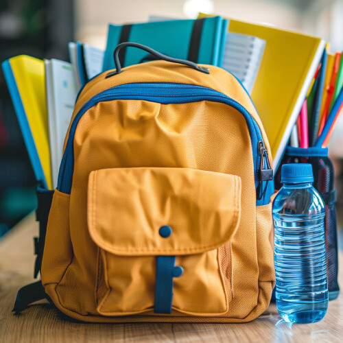 Yellow backpack, water bottle, and stationary on a table with notebooks and binders in the background.