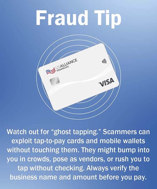 A picture of a credit card with a fraud tip about ghost tapping.