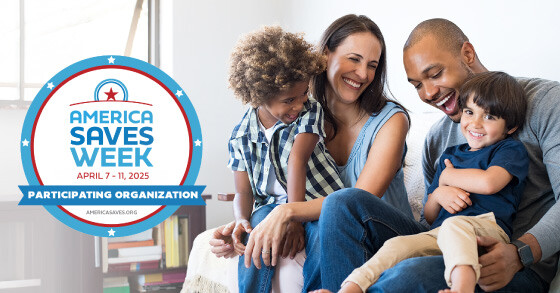 A family of four sitting on a couch, smiling. Next to them is a logo for America Saves Week.