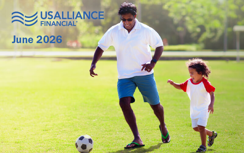 USALLIANCE Logo and the words "June 2026" over an image of a father and child playing soccer.