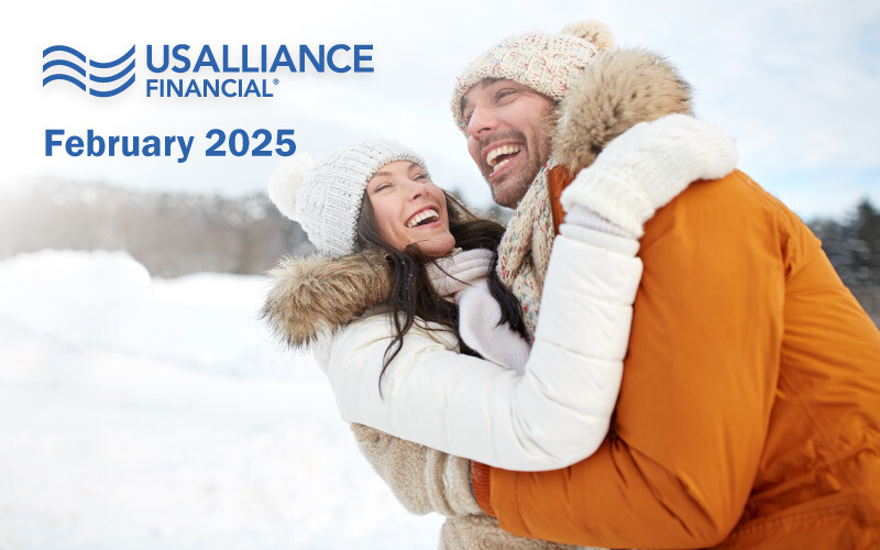 A smiling couple in winter clothing embraces in a snowy landscape with text in the top left corner.