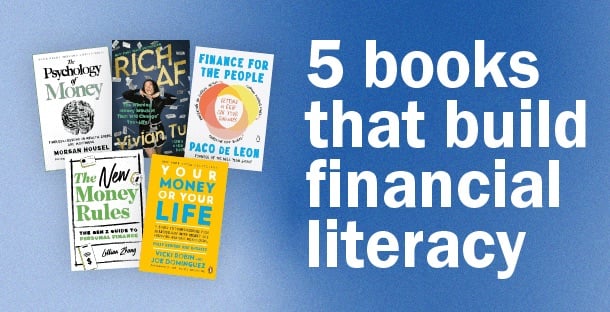 A pile of finance books, with the title '5 books that build financial literacy'.