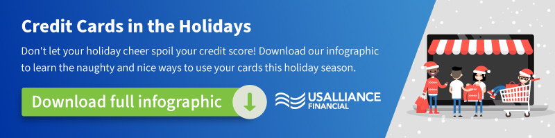 holiday credit card use with a download button and cartoon shoppers.