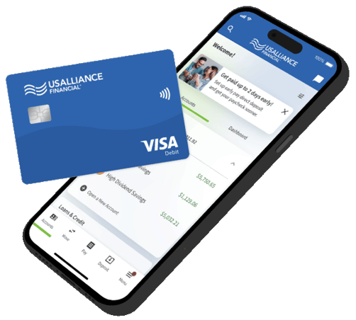 USALLIANCE mobile app displayed on phone with a debit card.