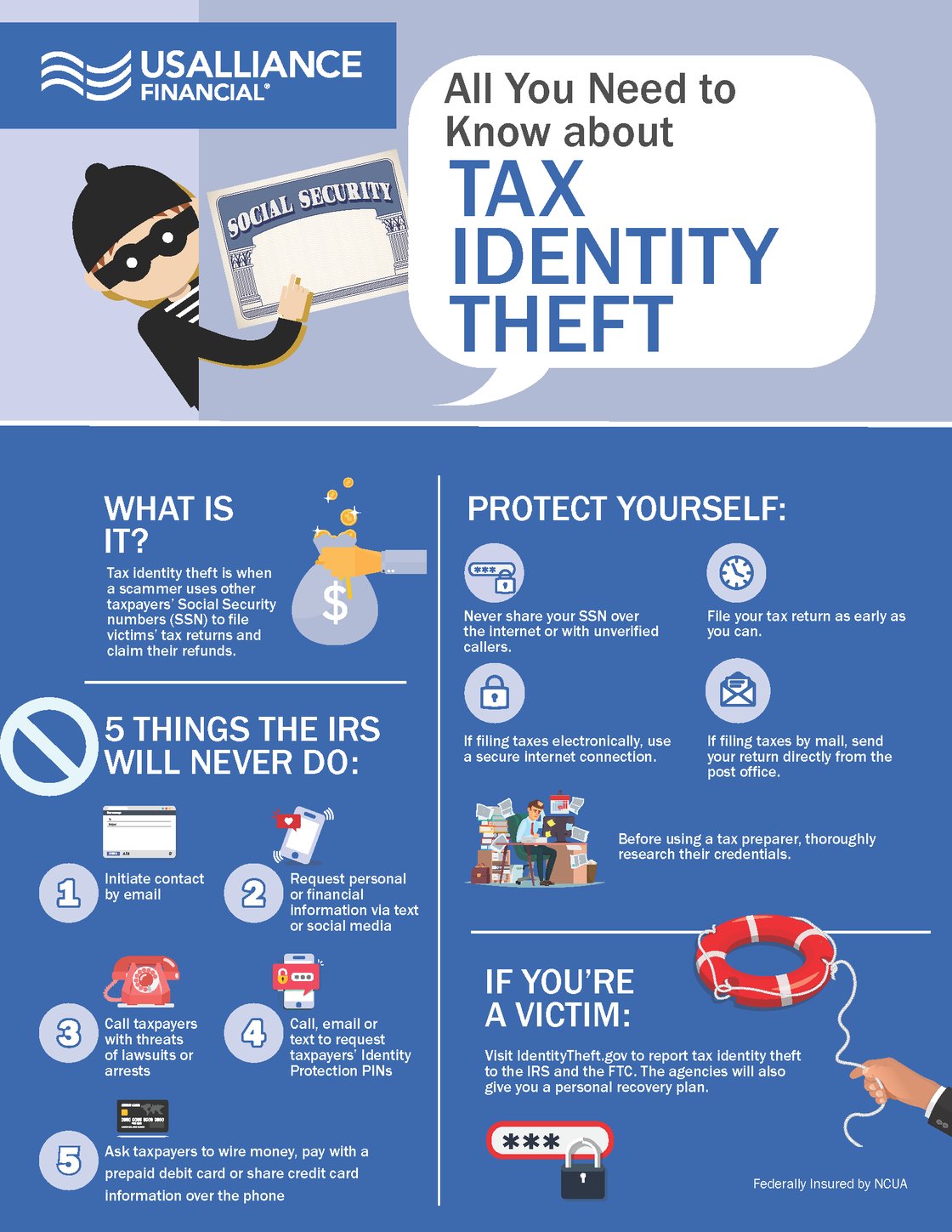 Infographic about tax identity theft with tips from USALLIANCE Financial.