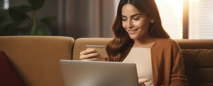 Woman holding her USALLIANCE Visa Secured Credit Card while shopping online.