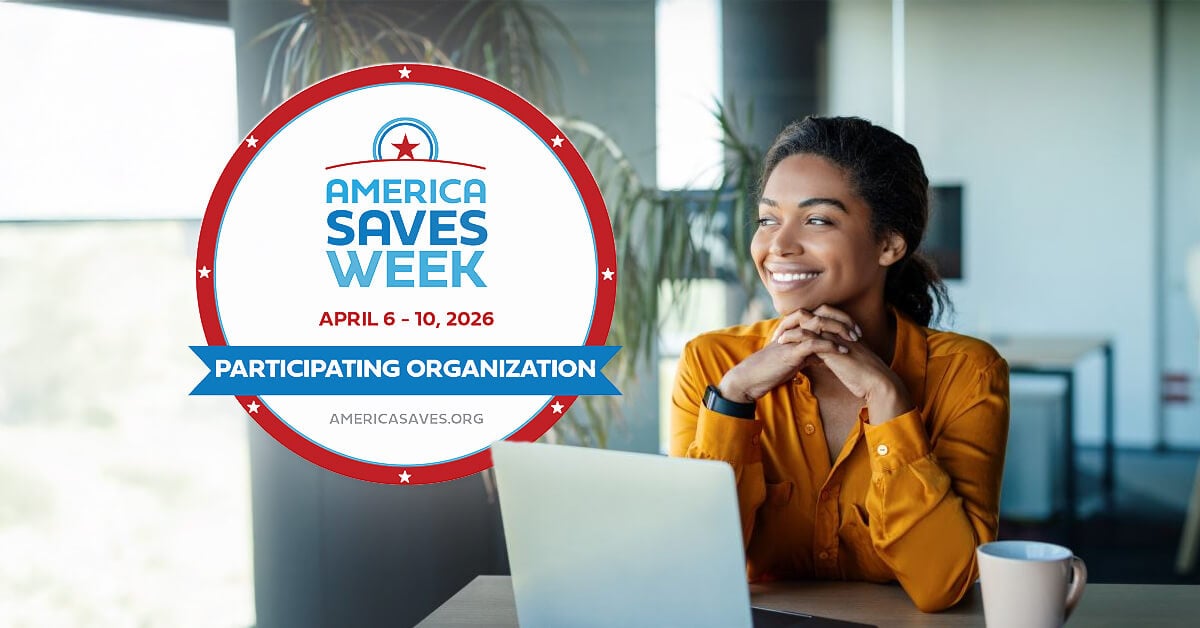 A woman smiles on her computer with the 2026 America Saves Week badge in the background.