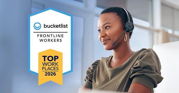 A woman uses her headset to make a call, with the Bucketlist award for Top Workplaces 2026 overlayed on the image.