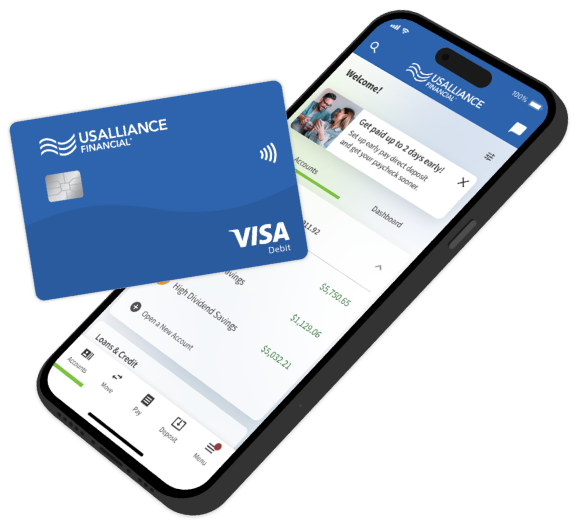 USALLIANCE mobile app displayed on phone with a debit card.