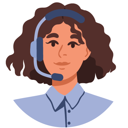 A cartoon woman wearing a headset and smiling