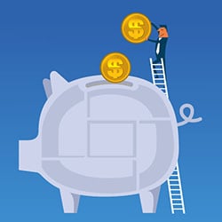 Cartoon person putting coins into a large piggy bank.