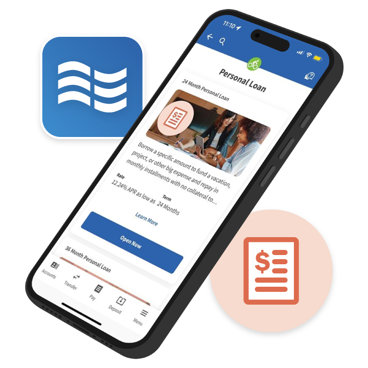 Smartphone showing the USALLIANCE digital banking loan application interface with various loan options.