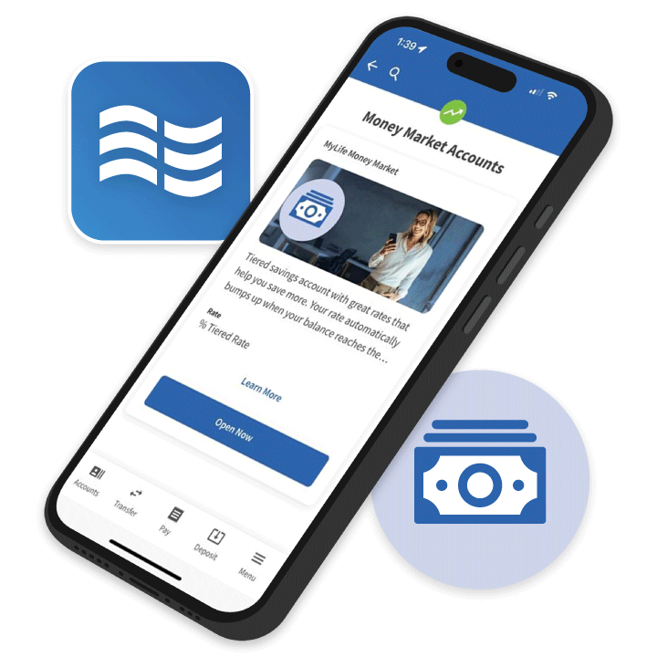 USALLIANCE mobile app's Money Market Accounts displayed on a cellphone.
