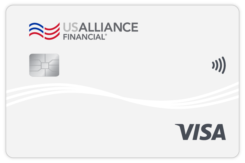 USALLIANCE Financial Visa credit card with chip and contactless payment symbol.